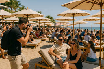 photographer taking pictures of guests sitting in rental lounge chair at a crowded beachclub 