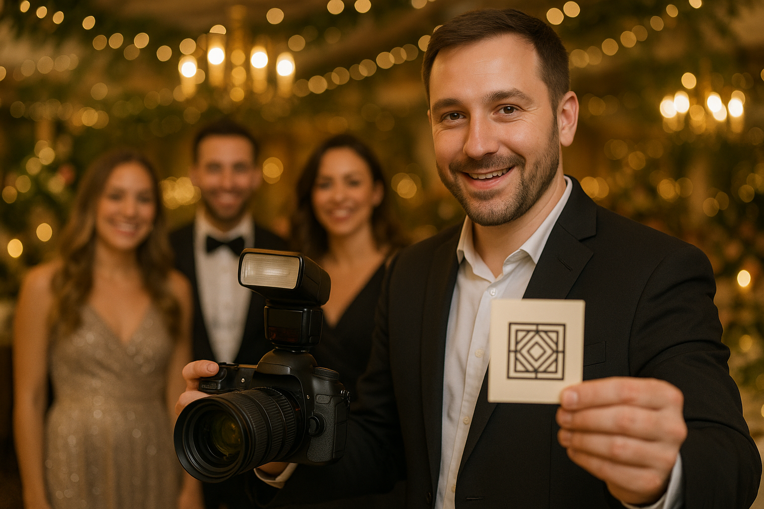 show a Q.R code design on the card in the photographer's hand. 
